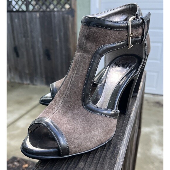 Sofft Gazelle Peep Toe Pumps Womens 6M Suede Brown Ankle T Strap 3” Heeled Shoes - Picture 2 of 10